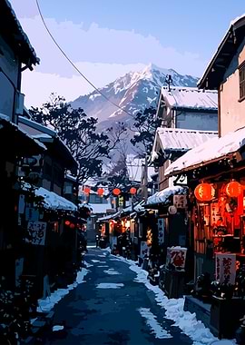 Snowy Japanese Street with Mountain View