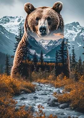 Grizzly Bear Landscape Double Exposure