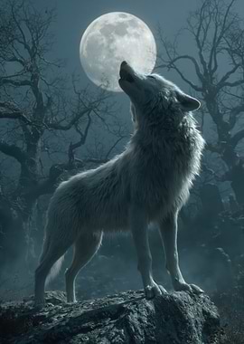White Wolf Howling at the Moon