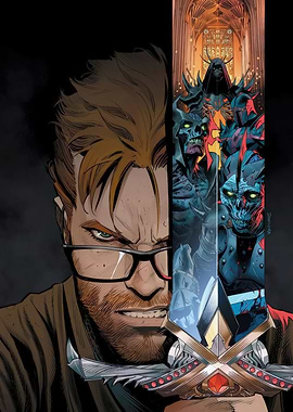 Man and Demonic Figures Behind Sword