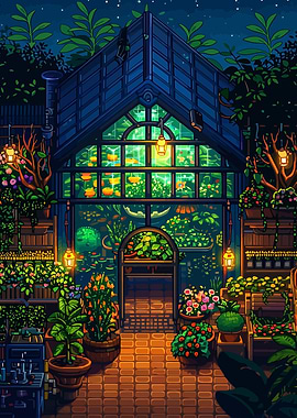 Enchanting Pixel Art Greenhouse at Night