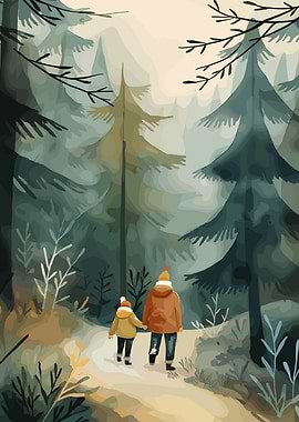 Two people walking in a forest