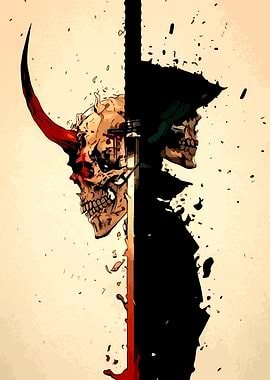 Demonic Skull with Horn and Shadow