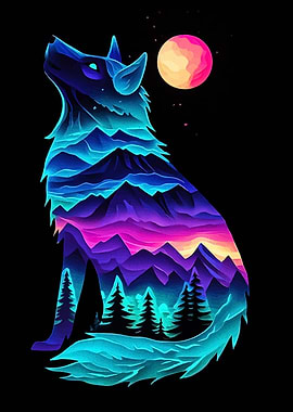 Wolf silhouette with mountain landscape