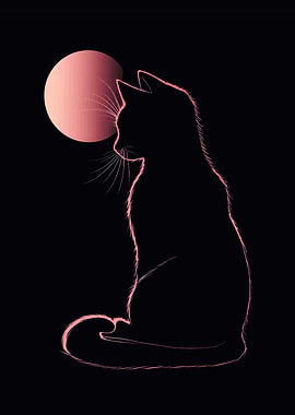 Cat Silhouette Under Pink Moon
