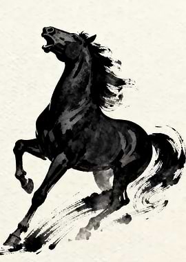 Black Horse Galloping in Ink Style