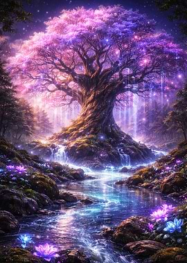 Enchanted Forest Tree with Waterfalls