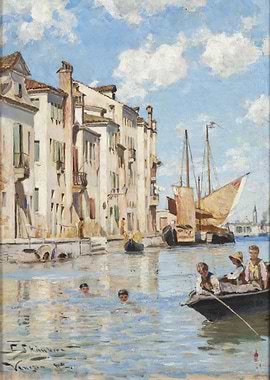 Venetian Canal Scene with Swimmers and Boats