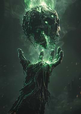 Green Skull Held by a Gnarled Hand