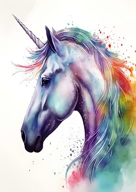 Watercolor Unicorn with Rainbow Mane
