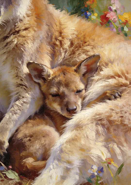 Baby Kangaroo Sleeping with Mother