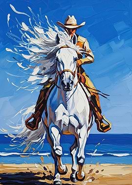 Cowboy Riding White Horse on Beach