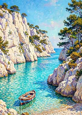 Idyllic Mediterranean rocky inlet with Rowboat