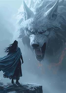 Warrior facing giant wolf in snow