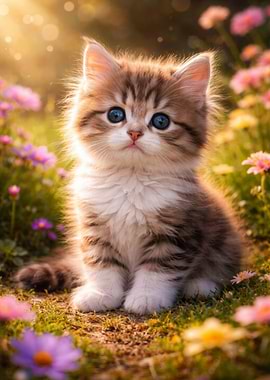 Cute Kitten in a Field of Flowers