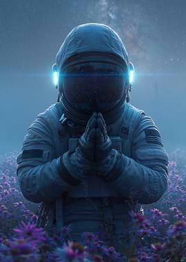 Astronaut Praying in a Field of Flowers
