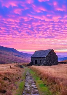 Stone Cottage in a Dramatic Sunset Landscape