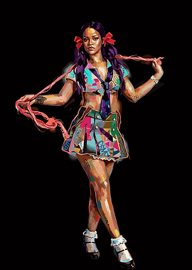 Rihanna in a colorful patchwork outfit