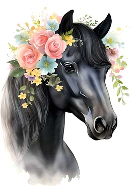 Black Horse with Floral Crown