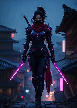 Cyberpunk Ninja with Neon Swords