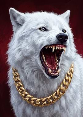 Aggressive White Wolf with Gold Chain