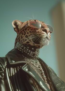 Leopard in Sunglasses and Leather Jacket