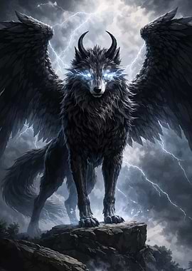 Winged Wolf with Glowing Eyes
