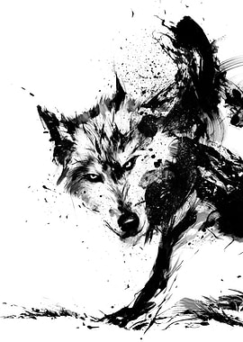 Aggressive Wolf Ink Painting