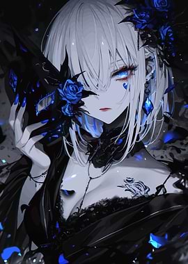 Gothic Anime Girl with Blue Roses