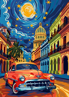 Retro Car in Havana at Night