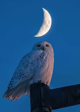 Snowy Owl and Crescent Moon