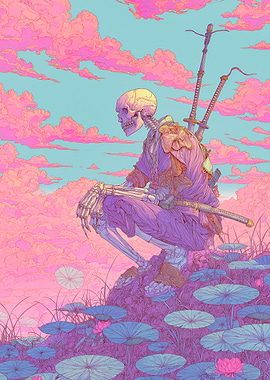Skeleton Samurai in Pink Clouds