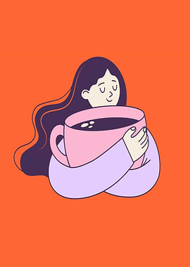 Woman Hugging a Large Coffee Mug