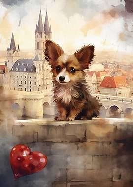 Chihuahua in a European City with a Heart Balloon
