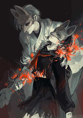 Two figures in Kitsune masks with red flowers