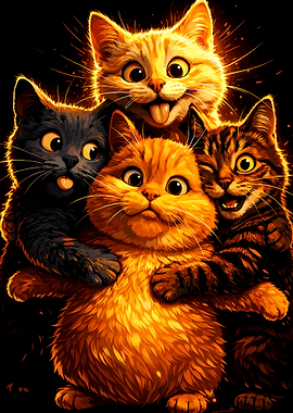 Four Funny Cartoon Cats Hugging