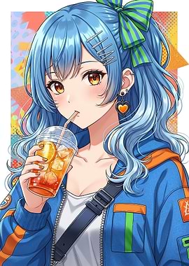 Anime Girl Drinking Orange Juice