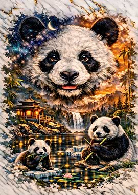 Pandas in a Serene Landscape