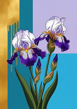 Purple and White Irises with Gold Drip