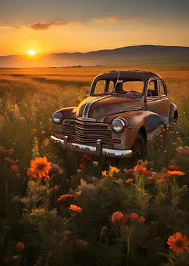 Rusty vintage car in a field of flowers at sunset