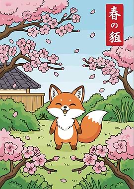Happy Little Fox in Sakura Garden