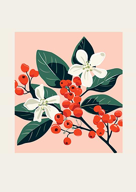 Floral Branch with Berries and Flowers