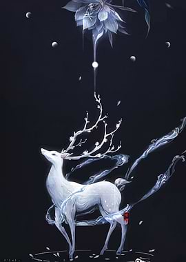 Mystical White Deer Under a Luminous Flower