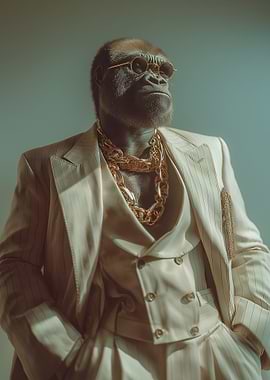 Gorilla in a Pinstripe Suit and Gold Chain