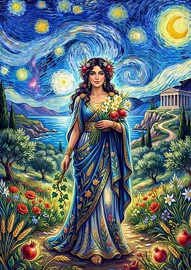 Greek Goddess Persephone in Starry Night Landscape