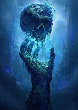 Ethereal Hand Holding a Multi-Eyed Skull