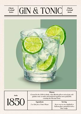 Gin & Tonic | Classic 1850 Indian Gin Tonic | Vintage Green Cocktail Art