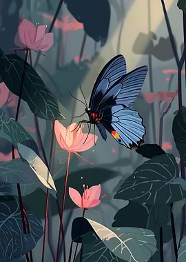 Blue Butterfly on Pink Flowers