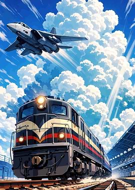 Jet and Train Under Dramatic Sky