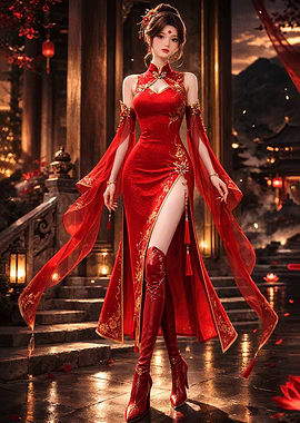 Elegant Woman in Red Chinese Dress